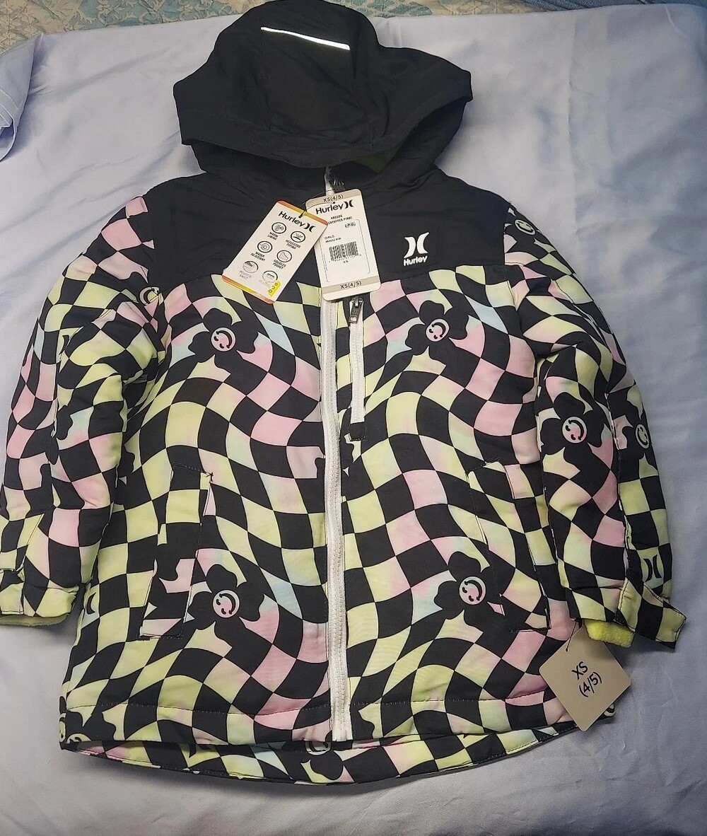 NWT Hurley Girls Hooded Winter Ski Jacket XS (4/5) Hyper Pink Checkered